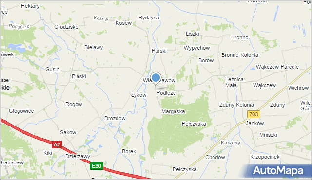 mapa Podłęże, Podłęże gmina Świnice Warckie na mapie Targeo